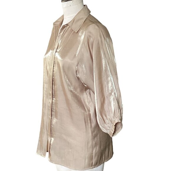 Chico's Gold Shimmer Tunic Top Sz 0 (S/4) Balloon Sleeve Collared 200M - Picture 4 of 7